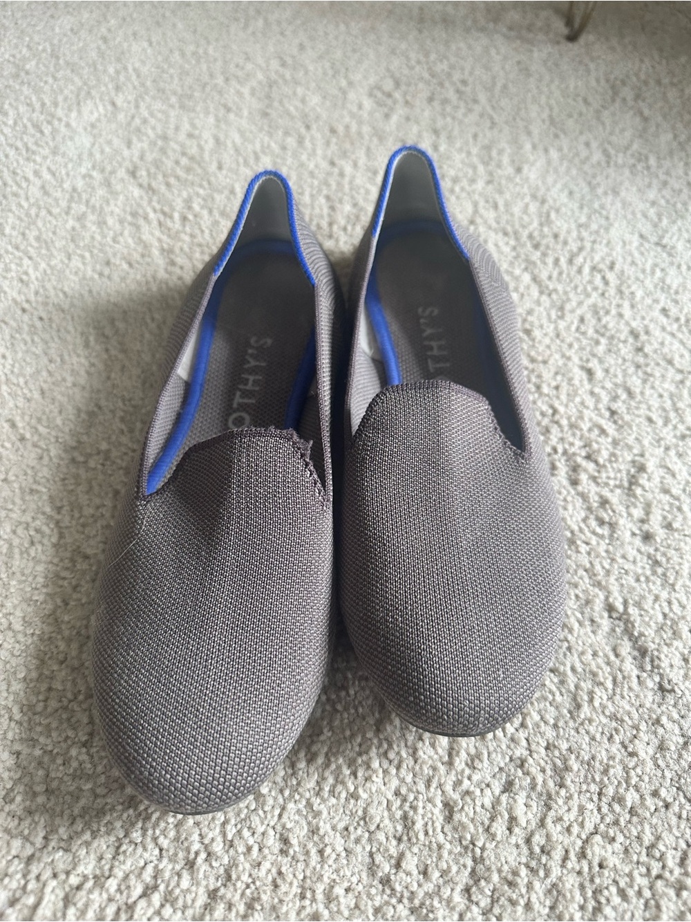 Rothy's Gray Slip-On Flats with Blue Trim